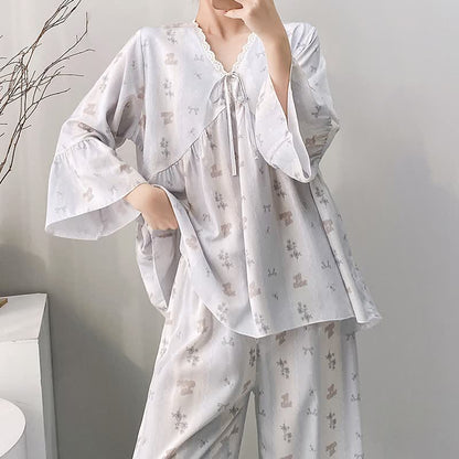 Ensemble pyjama à motif floral et nœud, col en V et bordure en dentelle - image 6