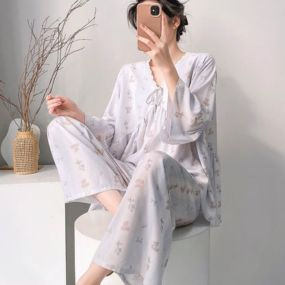 Ensemble pyjama à motif floral et nœud, col en V et bordure en dentelle - image 4