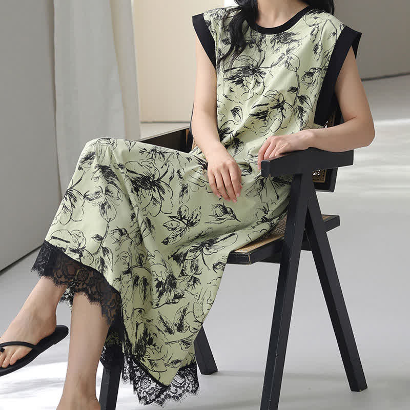 Chemise de nuit artistique sans manches en coton à motif floral et dentelle - image 6