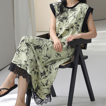 Chemise de nuit artistique sans manches en coton à motif floral et dentelle - image 6