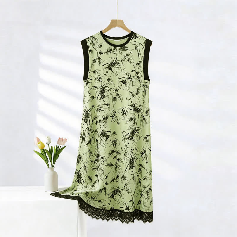 Chemise de nuit artistique sans manches en coton à motif floral et dentelle - Vert - 2XL - image 0
