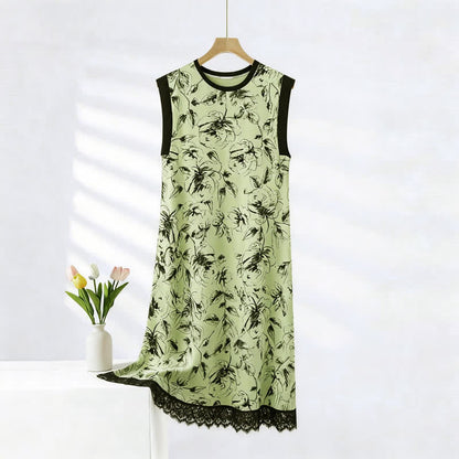 Chemise de nuit artistique sans manches en coton à motif floral et dentelle - Vert - 2XL - image 0