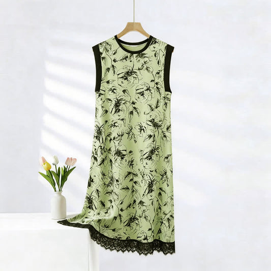 Chemise de nuit artistique sans manches en coton à motif floral et dentelle - Vert - 2XL - image 0