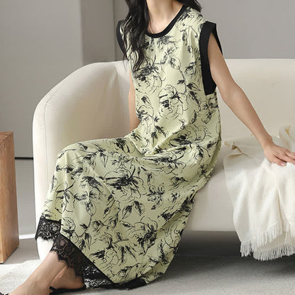 Chemise de nuit artistique sans manches en coton à motif floral et dentelle - image 7