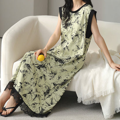 Chemise de nuit artistique sans manches en coton à motif floral et dentelle - image 3