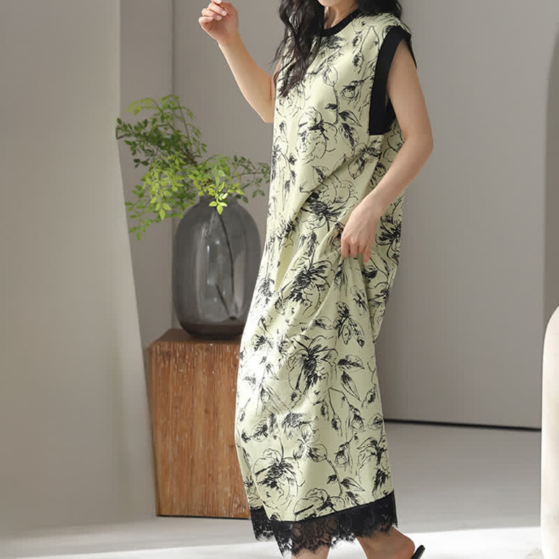 Chemise de nuit artistique sans manches en coton à motif floral et dentelle - image 5
