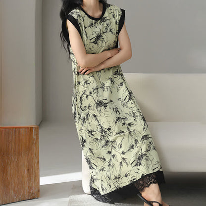 Chemise de nuit artistique sans manches en coton à motif floral et dentelle - image 4
