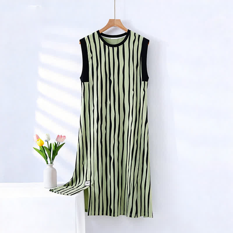 Chemise de nuit sans manches en coton à rayures verticales - Vert - XXL - image 0