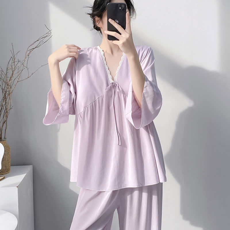 Ensemble pyjama à col en V et bordure en dentelle - image 3