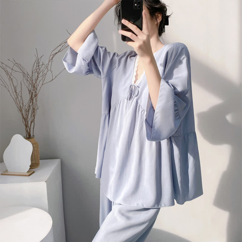 Ensemble pyjama à col en V et bordure en dentelle - image 9