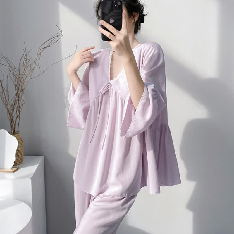 Ensemble pyjama à col en V et bordure en dentelle - image 4