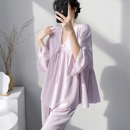 Ensemble pyjama à col en V et bordure en dentelle - image 4