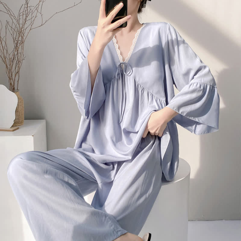 Ensemble pyjama à col en V et bordure en dentelle - image 8