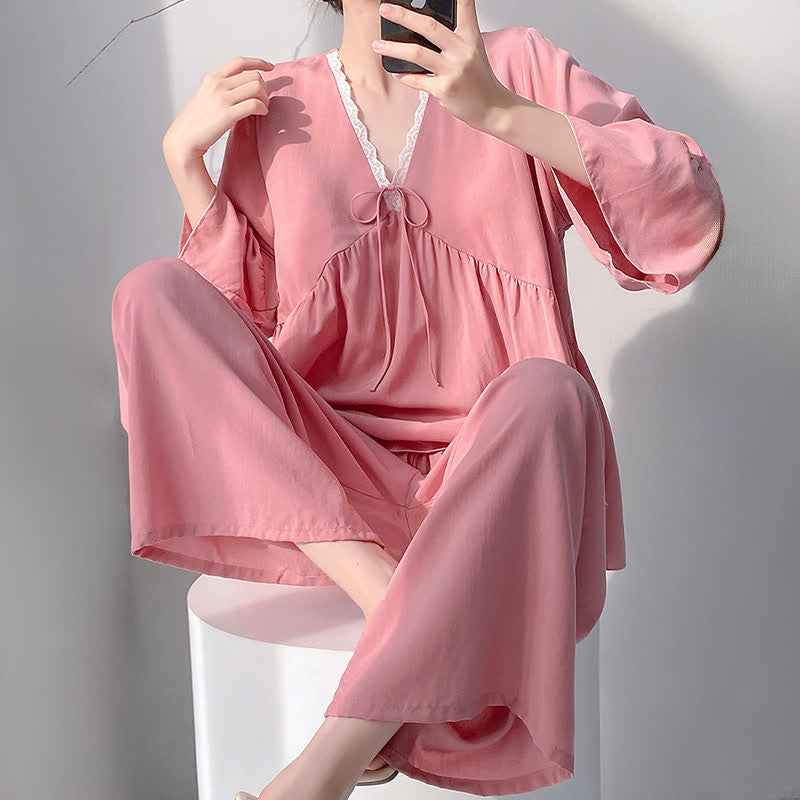 Ensemble pyjama à col en V et bordure en dentelle - image 17