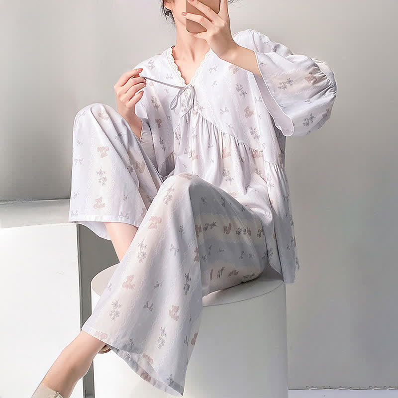 Ensemble pyjama à motif floral et nœud, col en V et bordure en dentelle - image 5