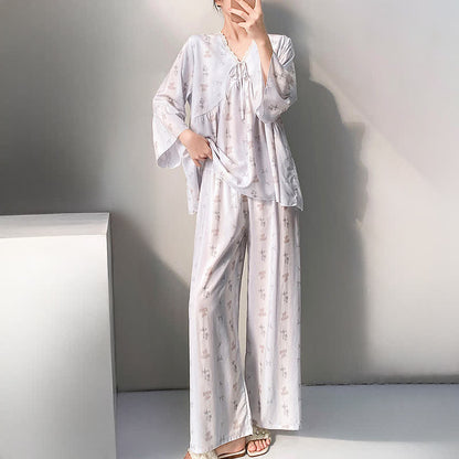 Ensemble pyjama à motif floral et nœud, col en V et bordure en dentelle - image 2