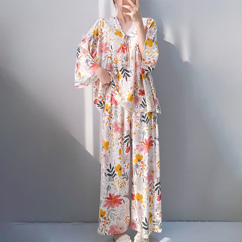 Ensemble pyjama orné de dentelle à motifs floraux et de feuilles - image 4