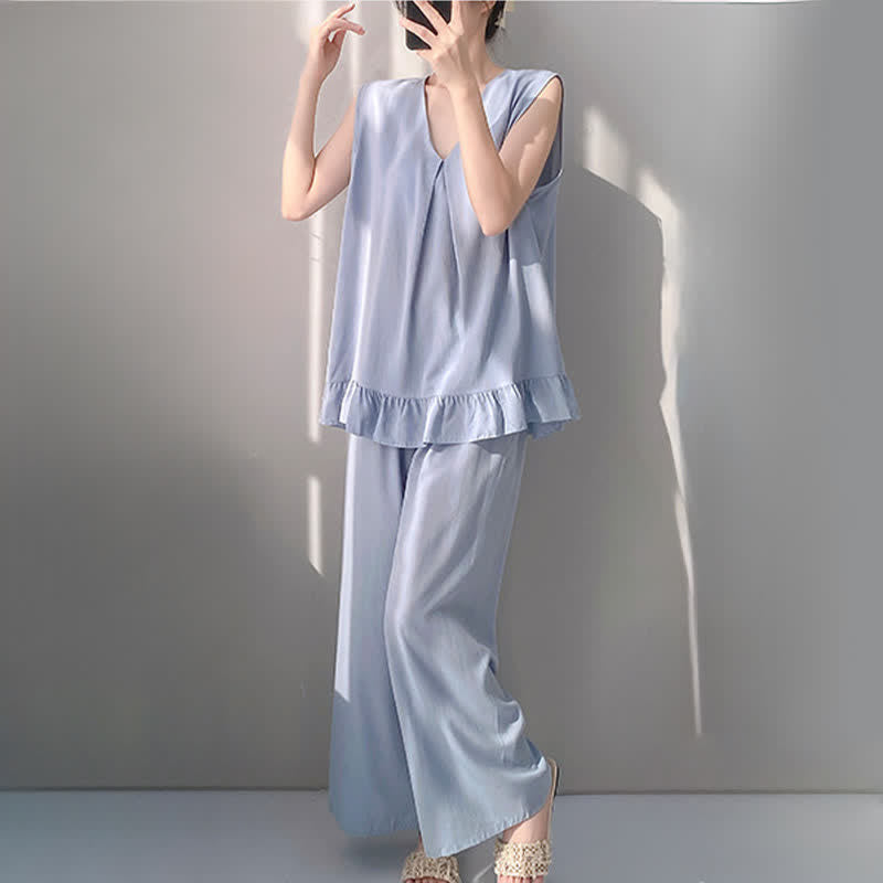 Ensemble pyjama composé d'un débardeur et d'un pantalon de couleur unie - image 8