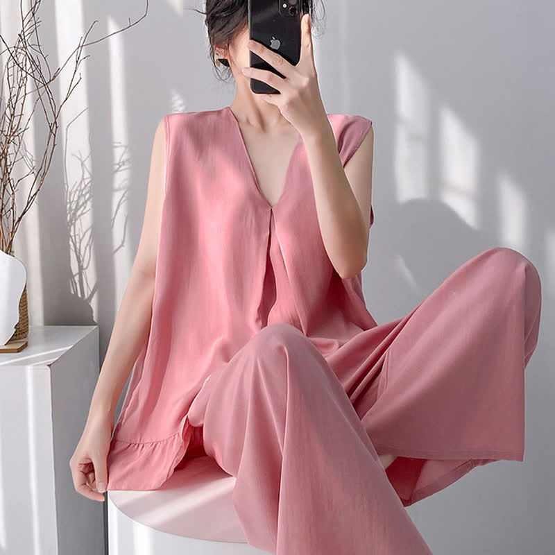 Ensemble pyjama composé d'un débardeur et d'un pantalon de couleur unie - image 6