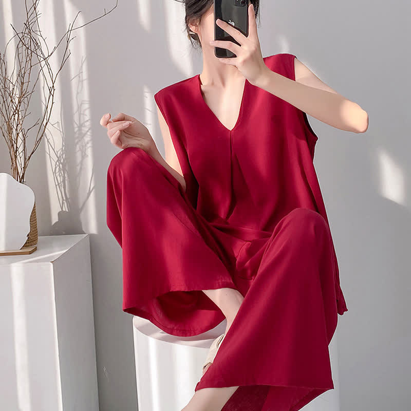 Ensemble pyjama composé d'un débardeur et d'un pantalon de couleur unie - image 11