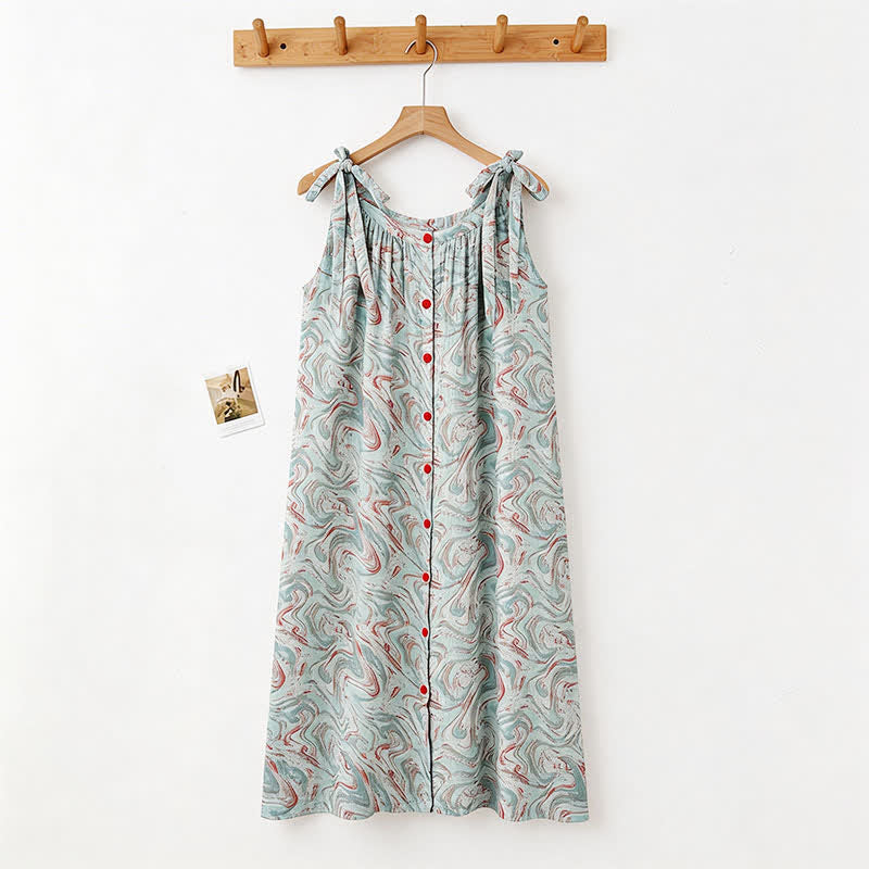 Chemise de nuit bleue à bretelles fines et à motifs de vagues artistiques - image 1