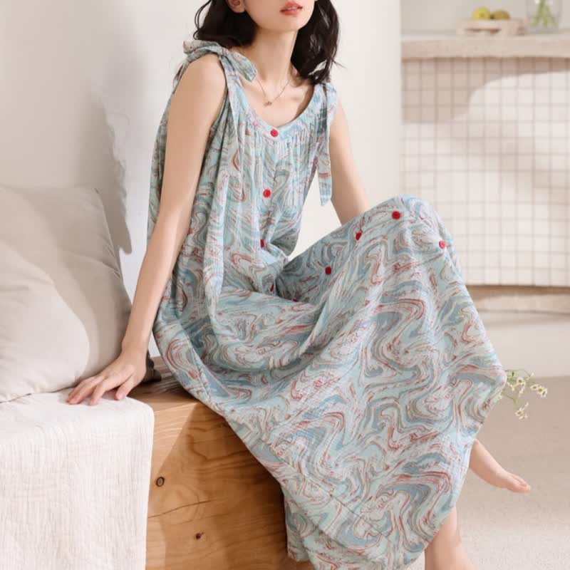 Chemise de nuit bleue à bretelles fines et à motifs de vagues artistiques - image 5