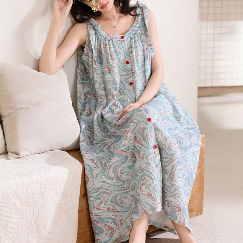 Chemise de nuit bleue à bretelles fines et à motifs de vagues artistiques - image 6