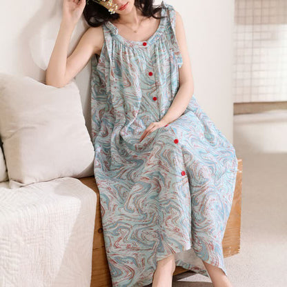 Chemise de nuit bleue à bretelles fines et à motifs de vagues artistiques - image 6