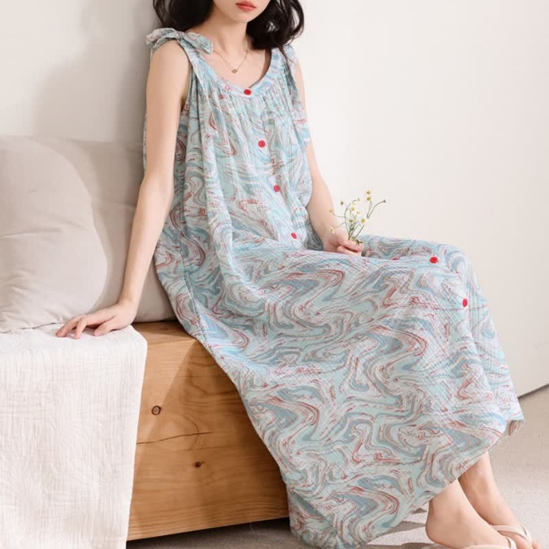 Chemise de nuit bleue à bretelles fines et à motifs de vagues artistiques - image 2