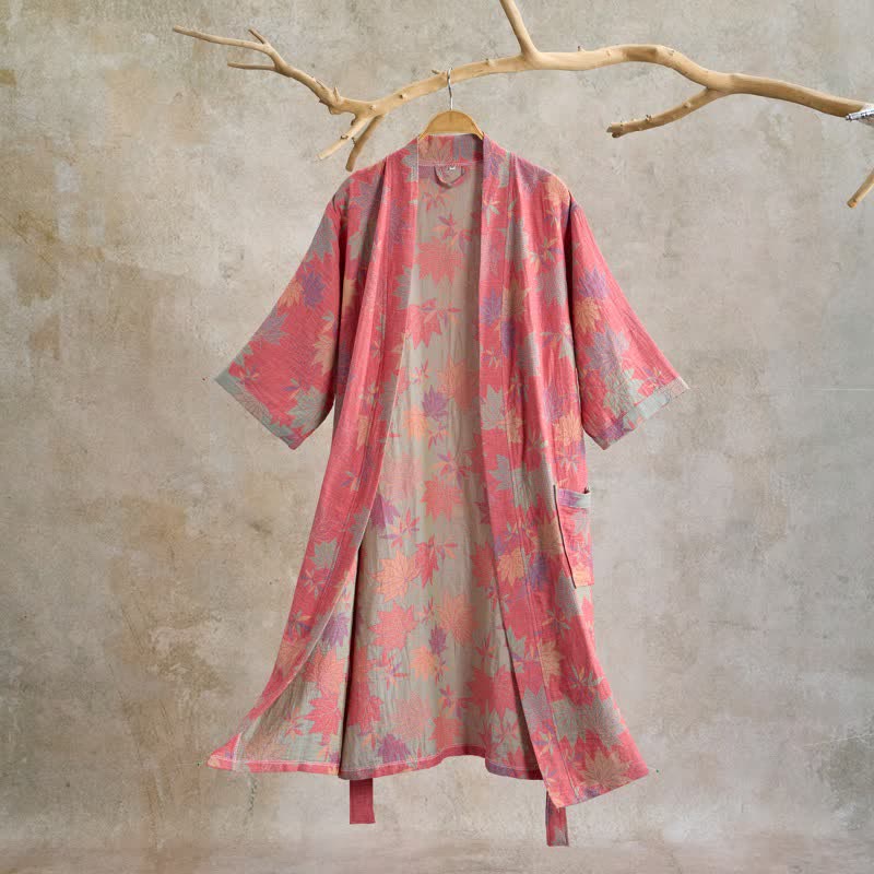 Peignoir de style kimono en coton double épaisseur à motif de feuille d'érable - Rose - XL - image 0