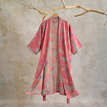 Peignoir de style kimono en coton double épaisseur à motif de feuille d'érable - Rose - XL - image 0