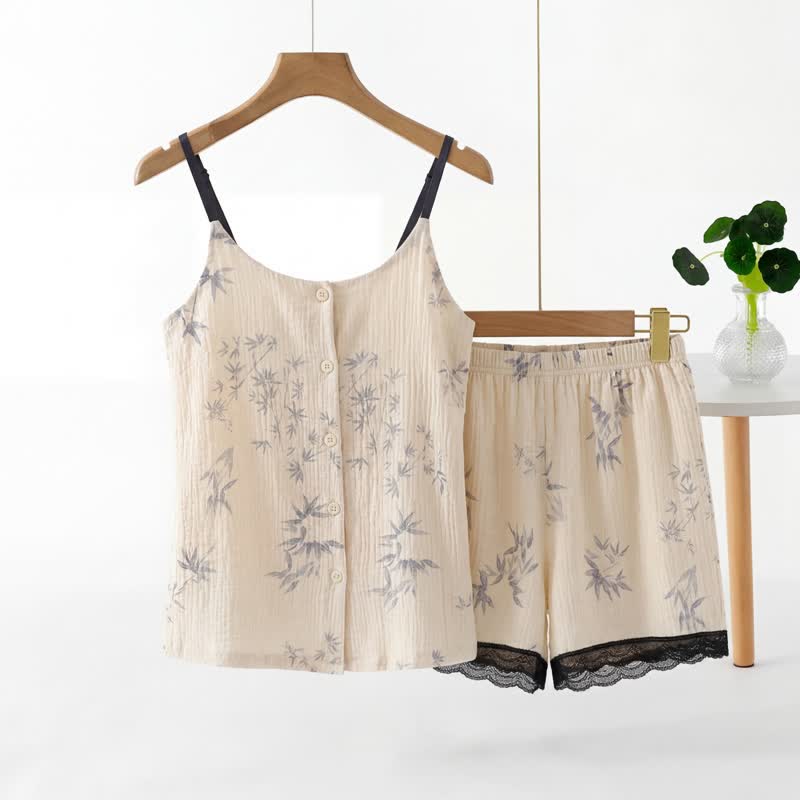 Ensemble pyjama sans manches élégant à imprimé feuilles - Beige - XXL - image 0