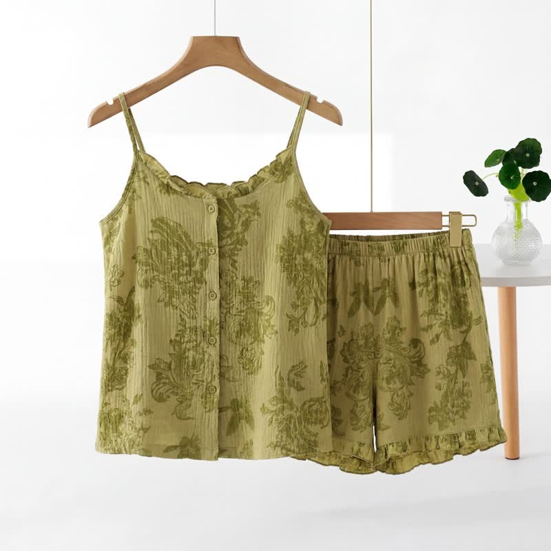 Ensemble pyjama vintage sans manches à motif de feuilles vertes - Vert - XXL - image 0