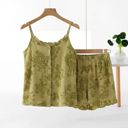 Ensemble pyjama vintage sans manches à motif de feuilles vertes - Vert - XXL - image 0