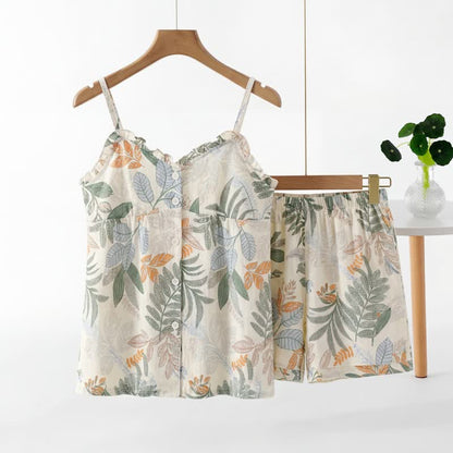 Ensemble pyjama sans manches à motif de feuilles botaniques - image 1