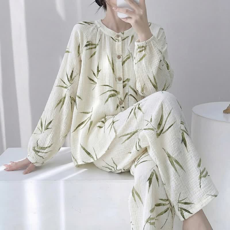 Ensemble pyjama en coton à imprimé botanique bambou - Beige - XL - image 0