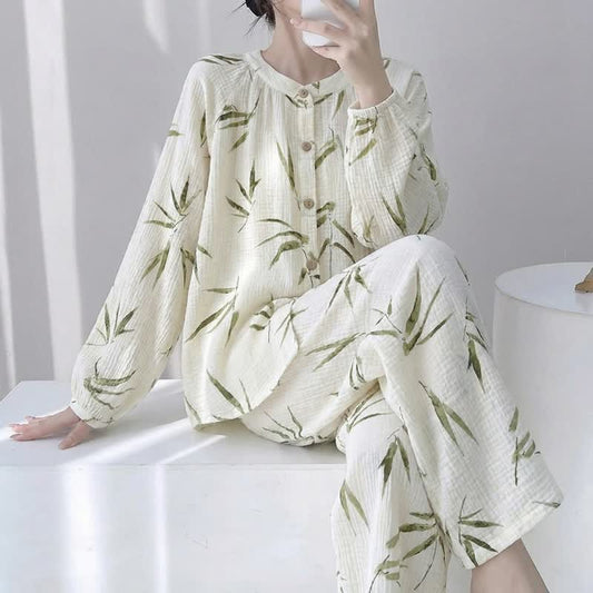 Ensemble pyjama en coton à imprimé botanique bambou - Beige - XL - image 0