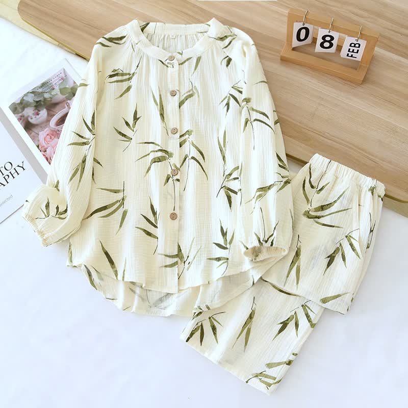 Ensemble pyjama en coton à imprimé botanique bambou - image 1