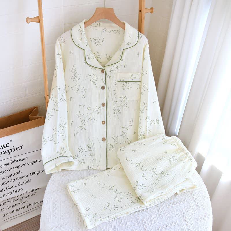 Pyjama en coton double épaisseur à motif de feuilles de bambou - image 1