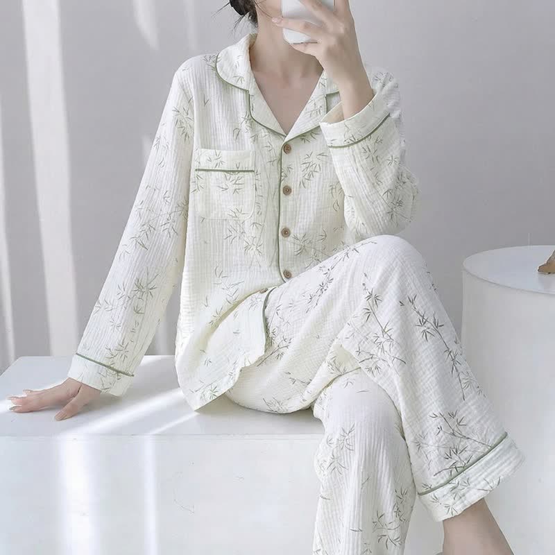 Pyjama en coton double épaisseur à motif de feuilles de bambou - Beige - XL - image 0