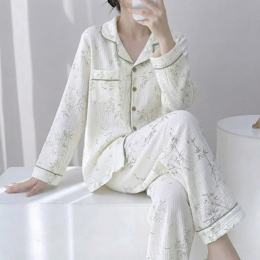 Pyjama en coton double épaisseur à motif de feuilles de bambou - Beige - XL - image 0