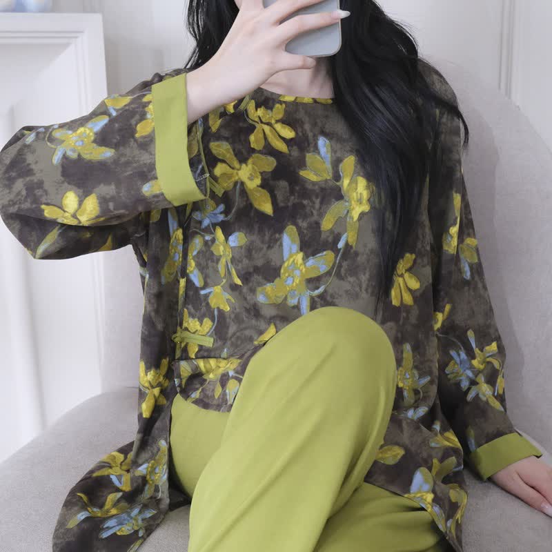 Ensemble pyjama rétro à motifs floraux de style oriental - image 5