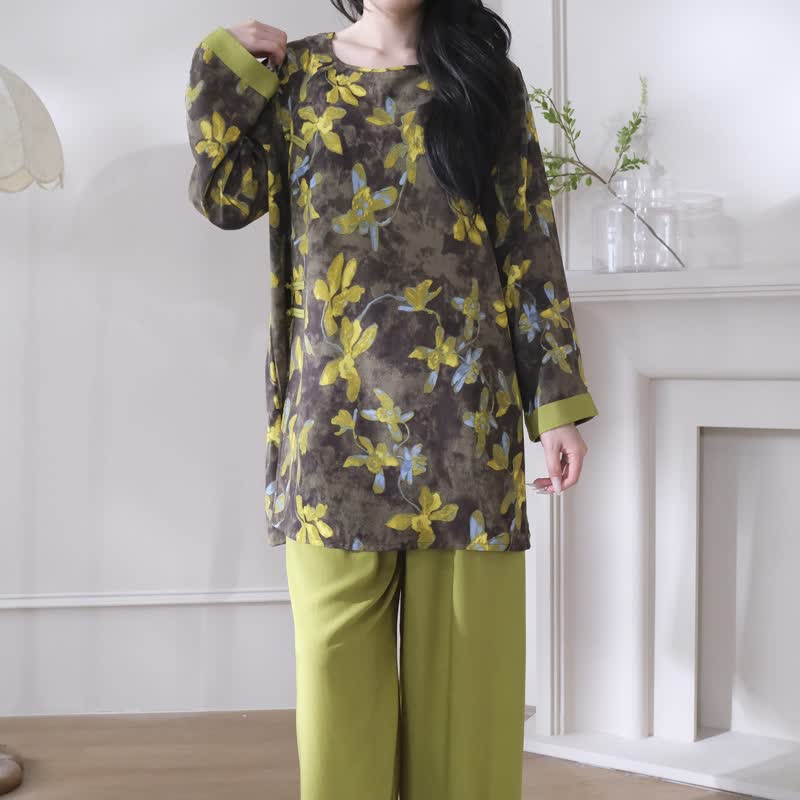 Ensemble pyjama rétro à motifs floraux de style oriental - image 2