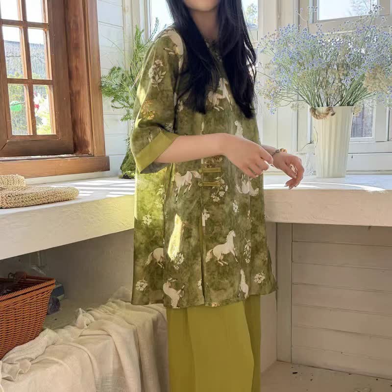 Ensemble de vêtements d'intérieur à imprimé chevaux de style oriental - image 6