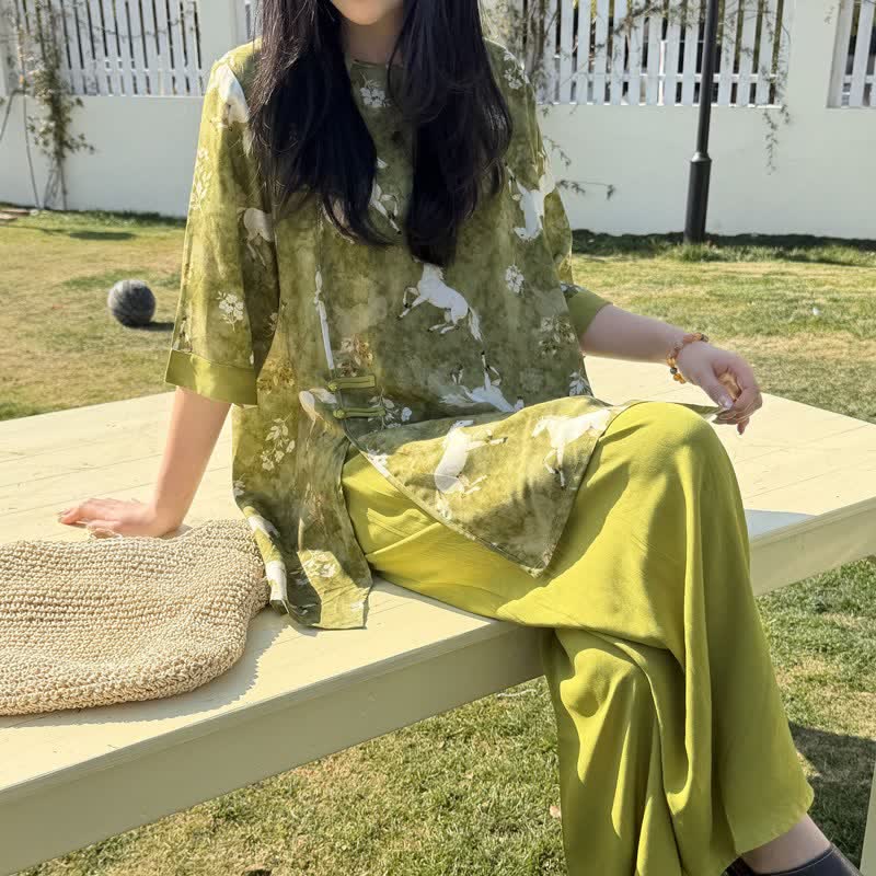 Ensemble de vêtements d'intérieur à imprimé chevaux de style oriental - image 1