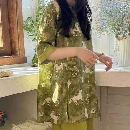 Ensemble de vêtements d'intérieur à imprimé chevaux de style oriental - image 7