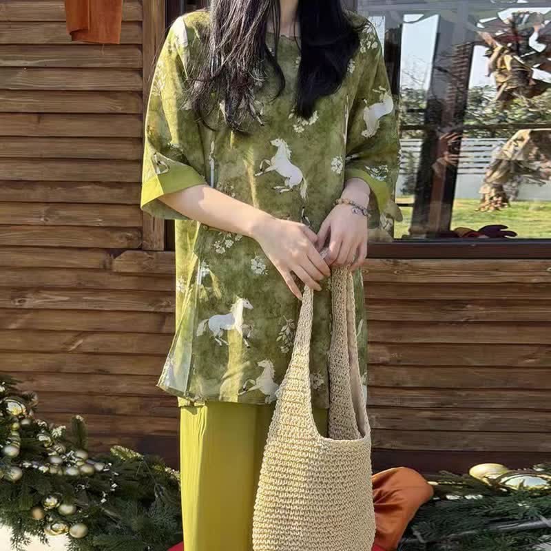 Ensemble de vêtements d'intérieur à imprimé chevaux de style oriental - image 5