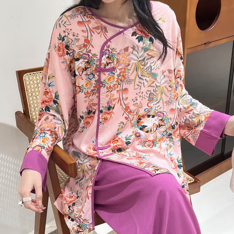 Ensemble de vêtements d'intérieur à motifs floraux et de chats de style oriental - image 1