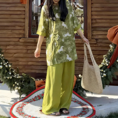 Ensemble de vêtements d'intérieur à imprimé chevaux de style oriental - image 4