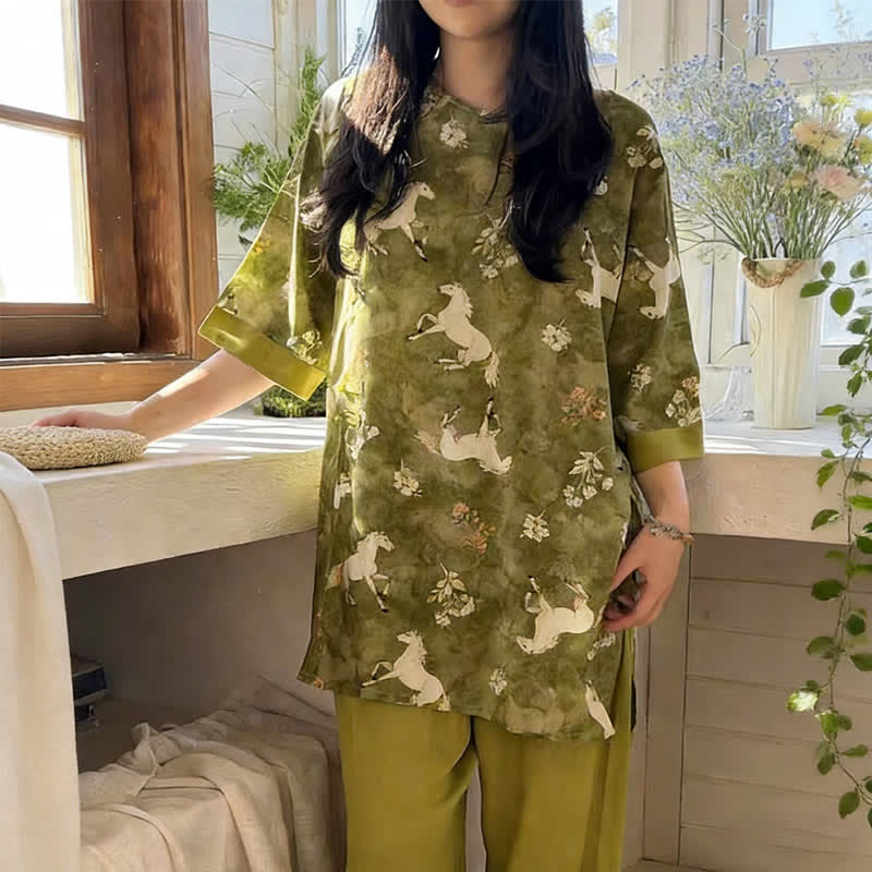 Ensemble de vêtements d'intérieur à imprimé chevaux de style oriental - image 2